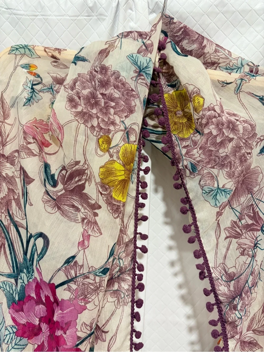 Floral Pom-Trim Lightweight Women’s Scarf - Pink Multi